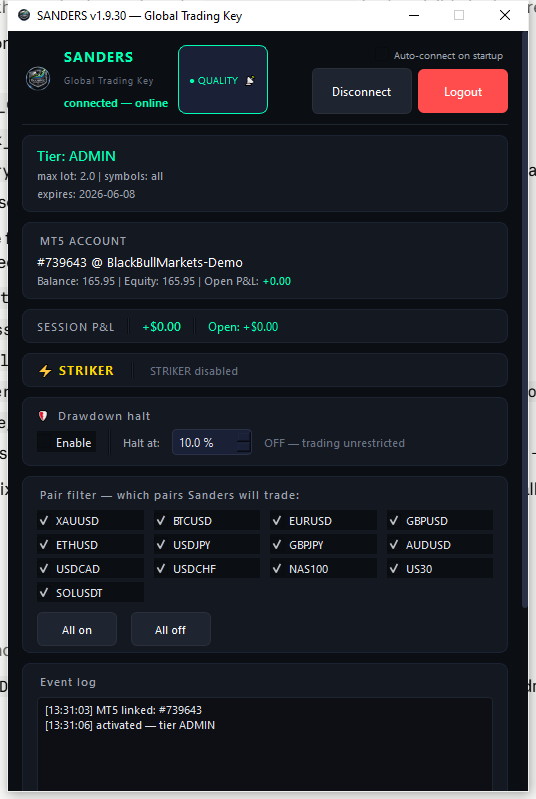 Sanders connected dashboard — MT5 account, balance, event log, ADMIN tier